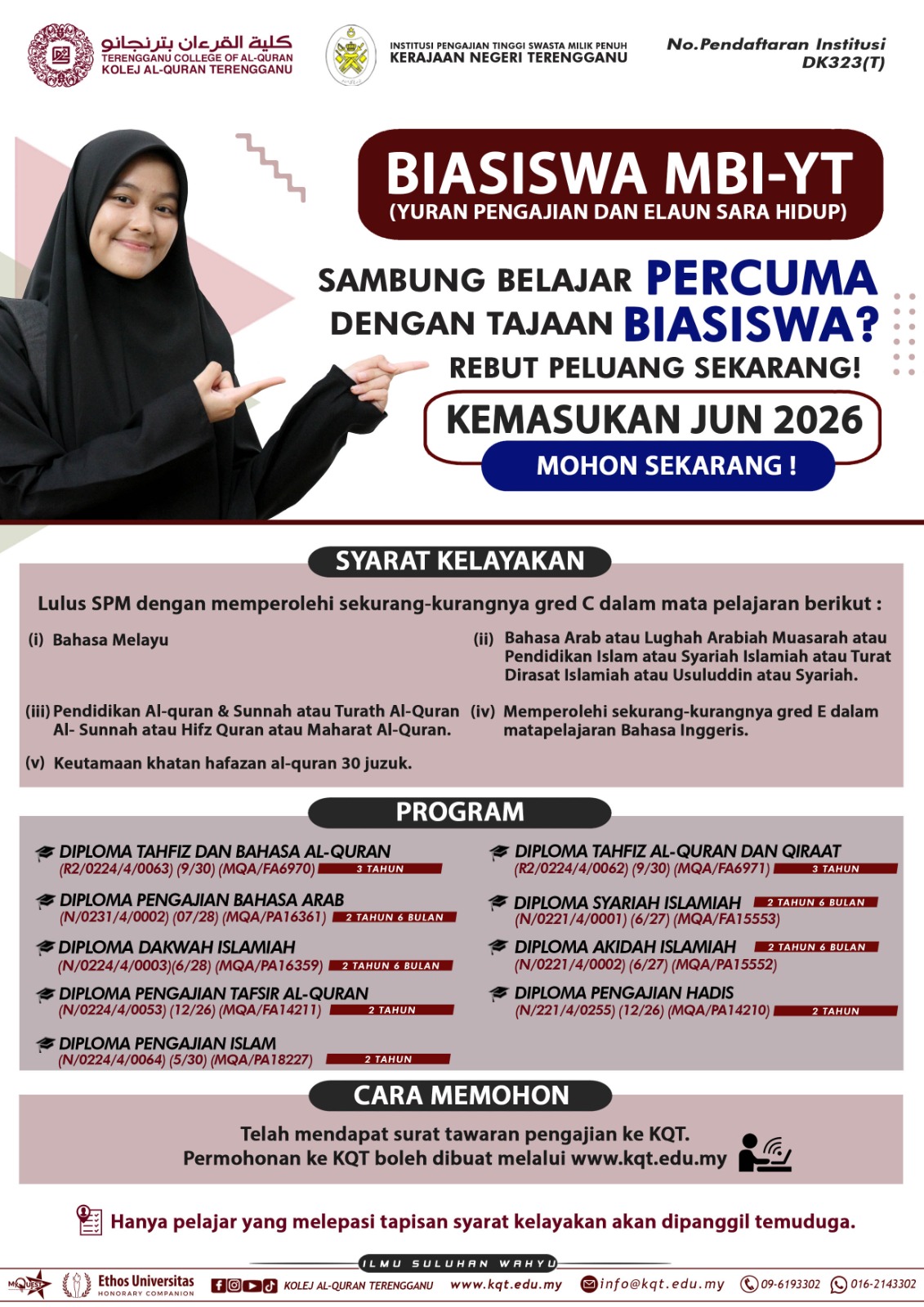 Boleh mohon Bantuan Program Biasiswa Pendidikan MBI juga kepada yang nak masuk KQT!    Mohon laju-laju ke www.kqt.edu.my untuk dapatkan surat tawaran dan hantar permohonan ini segera.    #ypm #bantuanpendidikan #biasiswa #anakterengganu #maidam